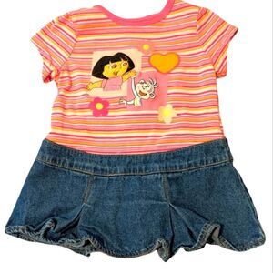 Dora Y2K Infant Girls Denim &‎ Pink Striped Embroidered Character Dress